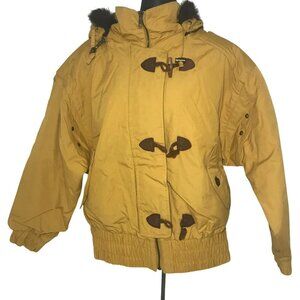 London Fog Yellow Faux Fur Hooded Toggle Zip-Up Bomber Jacket Petite Medium PM